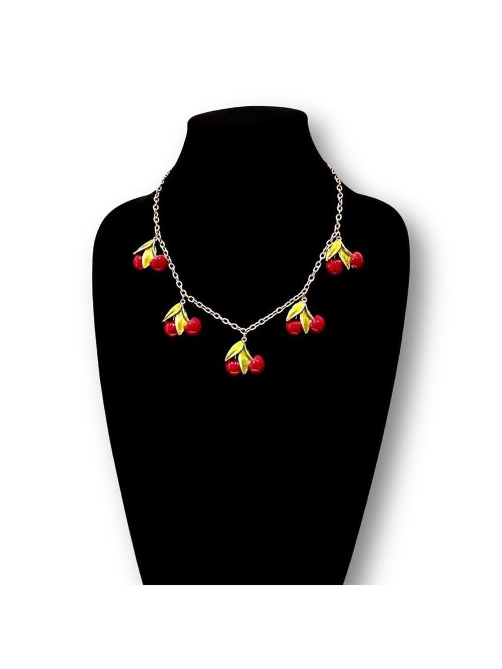 FASHIONABLE FRUIT | Cherries Jubilee Red & Green Enamel Charm Necklace​ | NIB - Picture 5 of 10